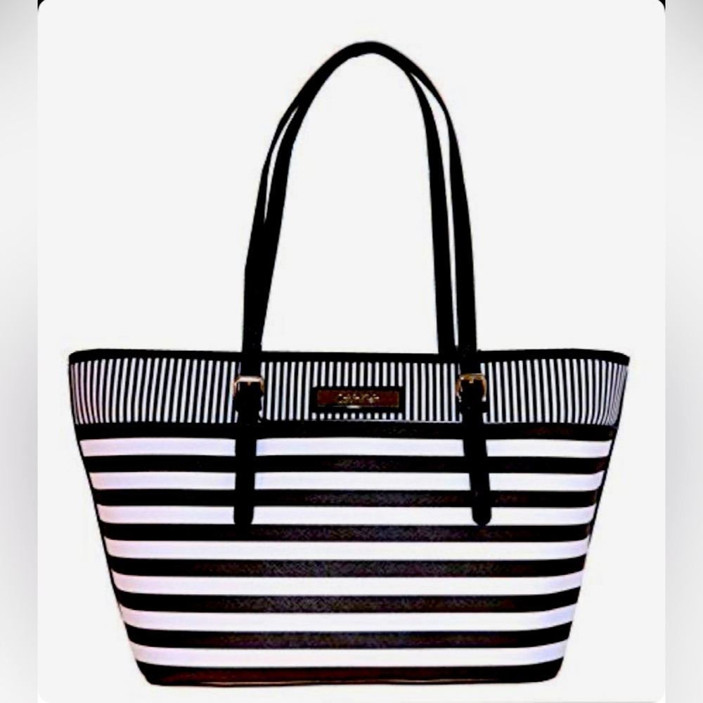 Calvin Klein Black and White Striped Saffiano Tote NEW